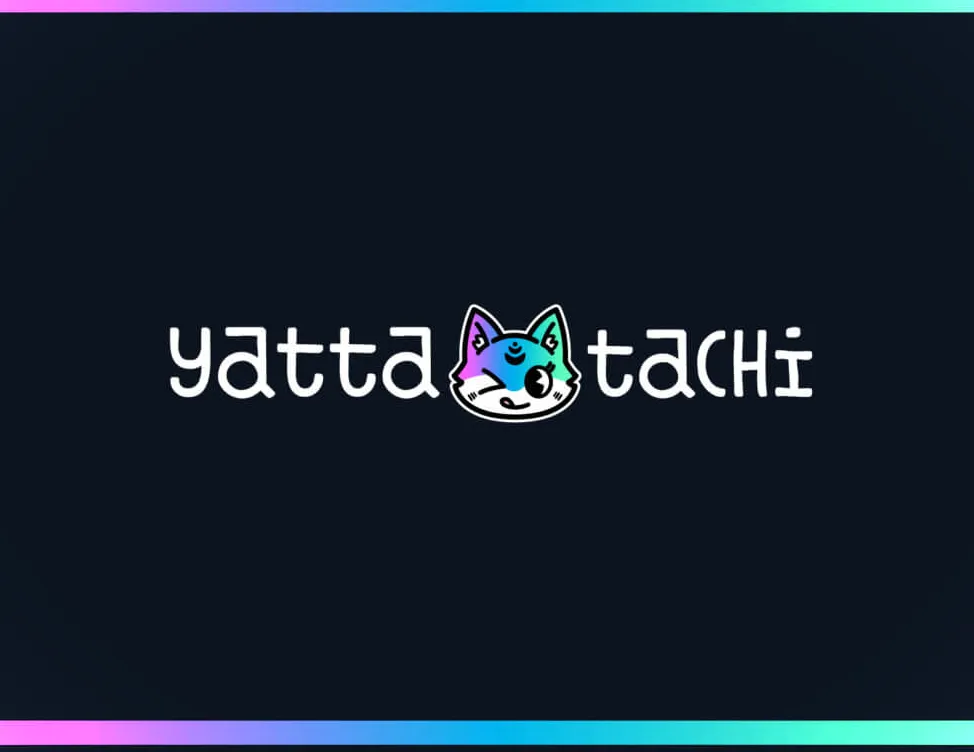 Texto de Yatta-Tachi más grueso con un zorro degradado verde, azul y morado guiñando un ojo y sacando la lengua.
