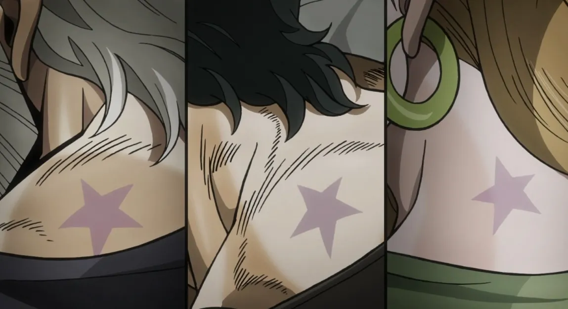 Toma triple de las marcas de nacimiento de las estrellas de Joseph, Jotaro y Holy.