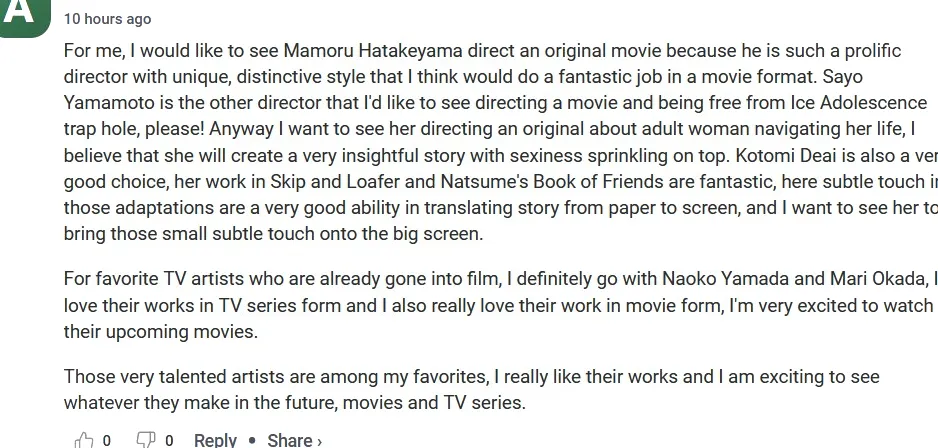 Mis directores de vigilancia instantánea son Hiroko Utsumi, Sayo Yamamoto y Masaaki Yuasa.  También dejaré todo para ver un anime basado en un libro de Tomihiko Morimi.