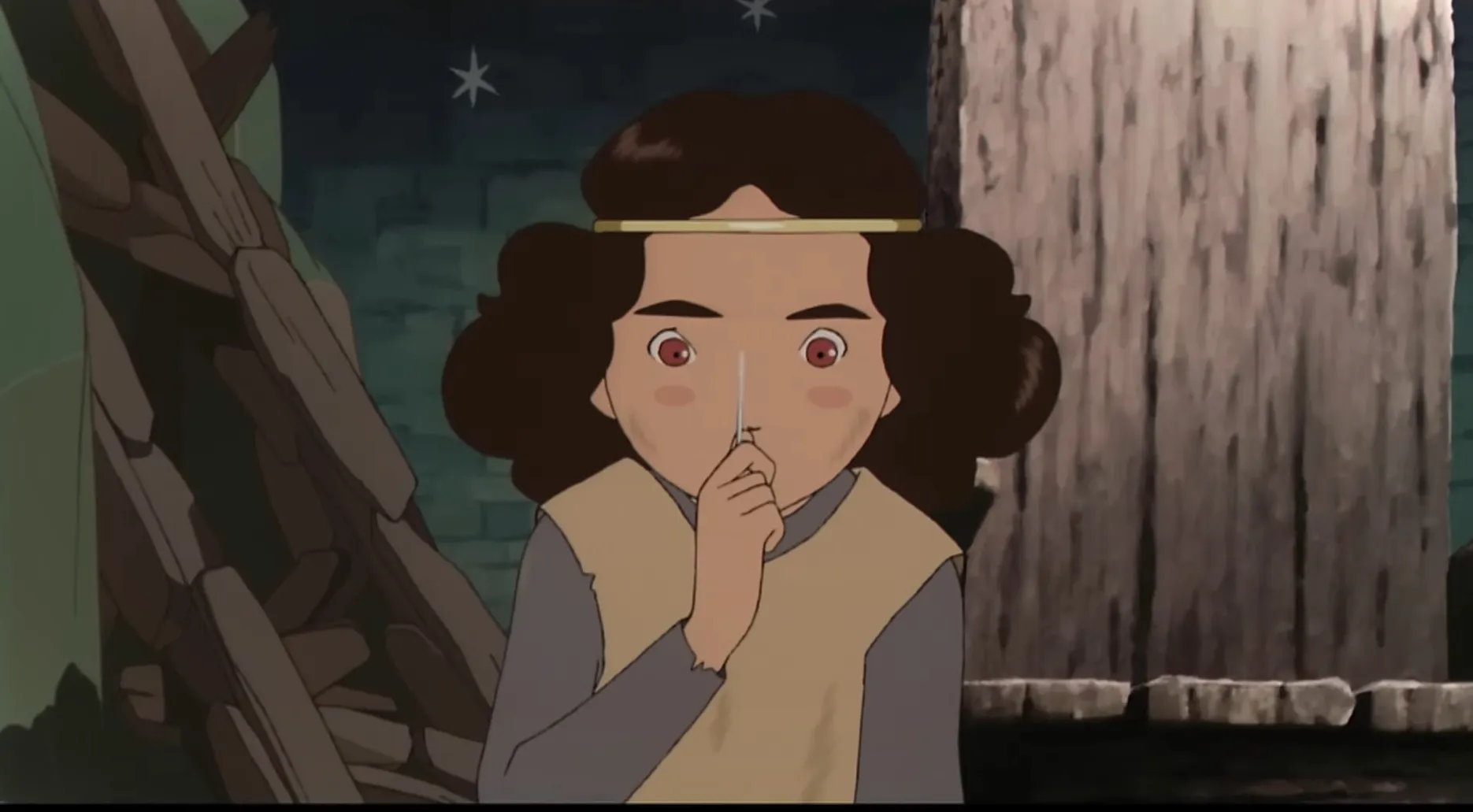 Captura de pantalla de la princesa Arete, que muestra a Arete examinando una aguja de coser.