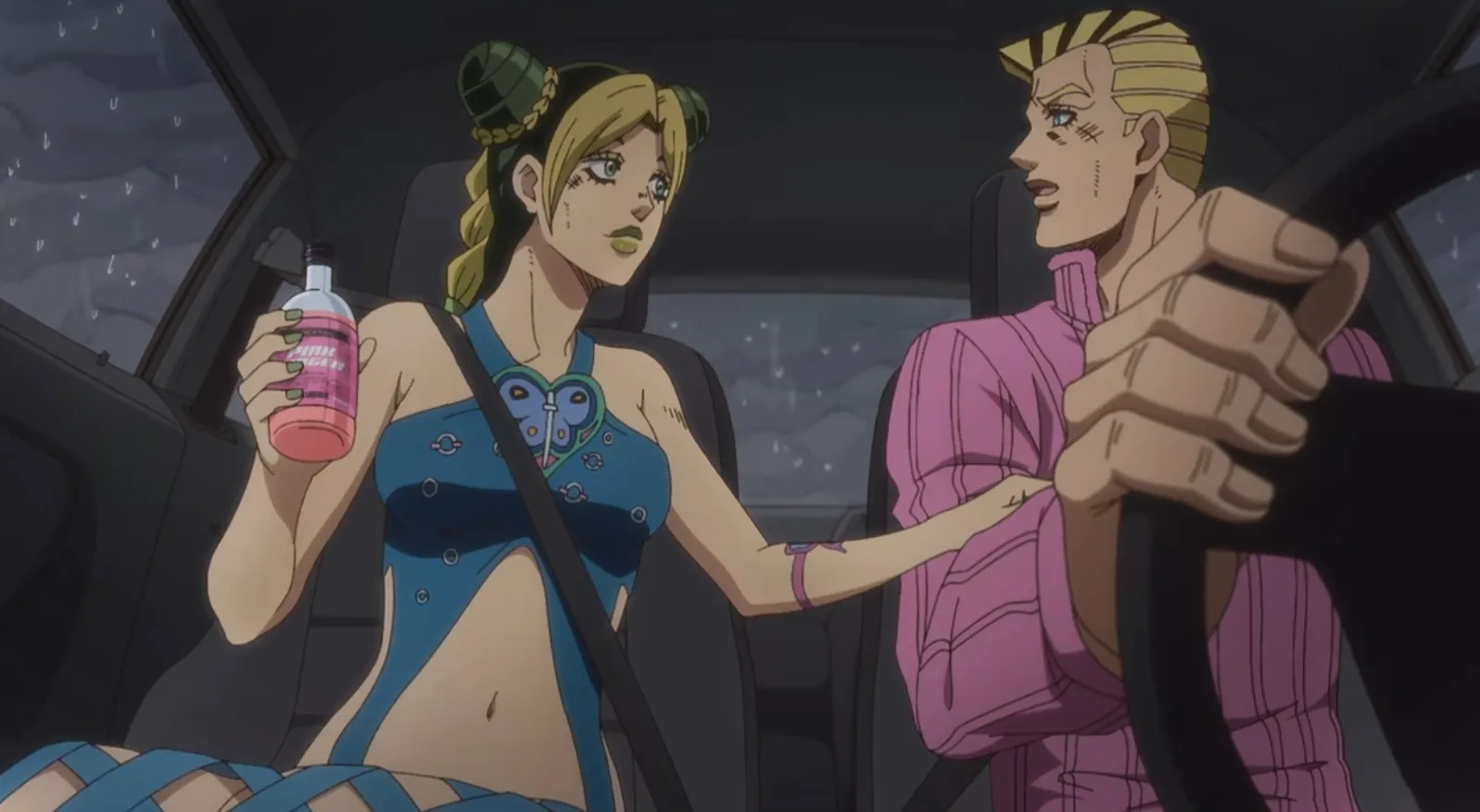 Jolyne en el coche con Romeo