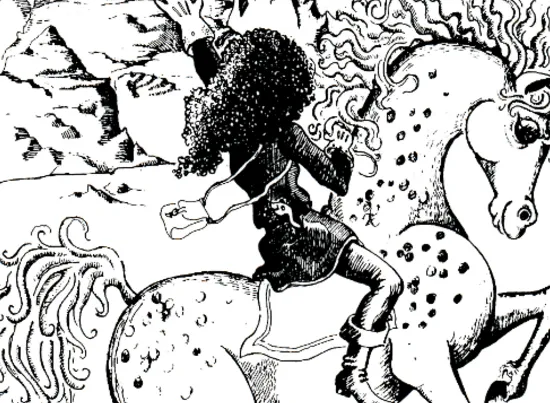 Ilustración de La inteligente princesa de Arete montada en su caballo