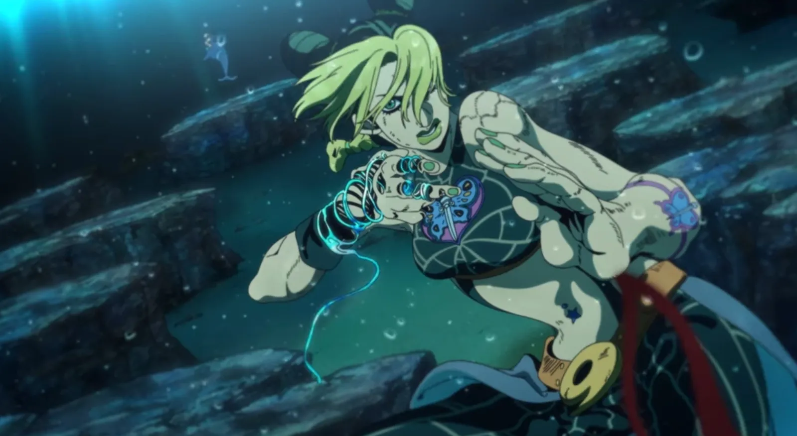 Jolyne se prepara para luchar contra Pucci bajo el agua.