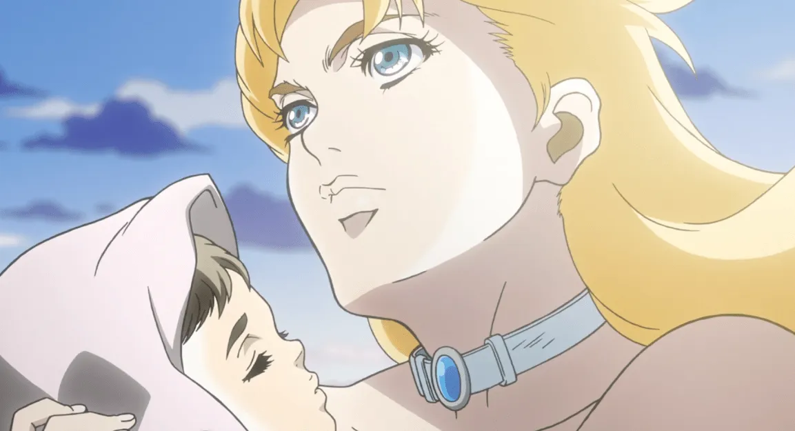 Erina sostiene a una bebé Lisa Lisa, mirando a lo lejos con una expresión decidida.