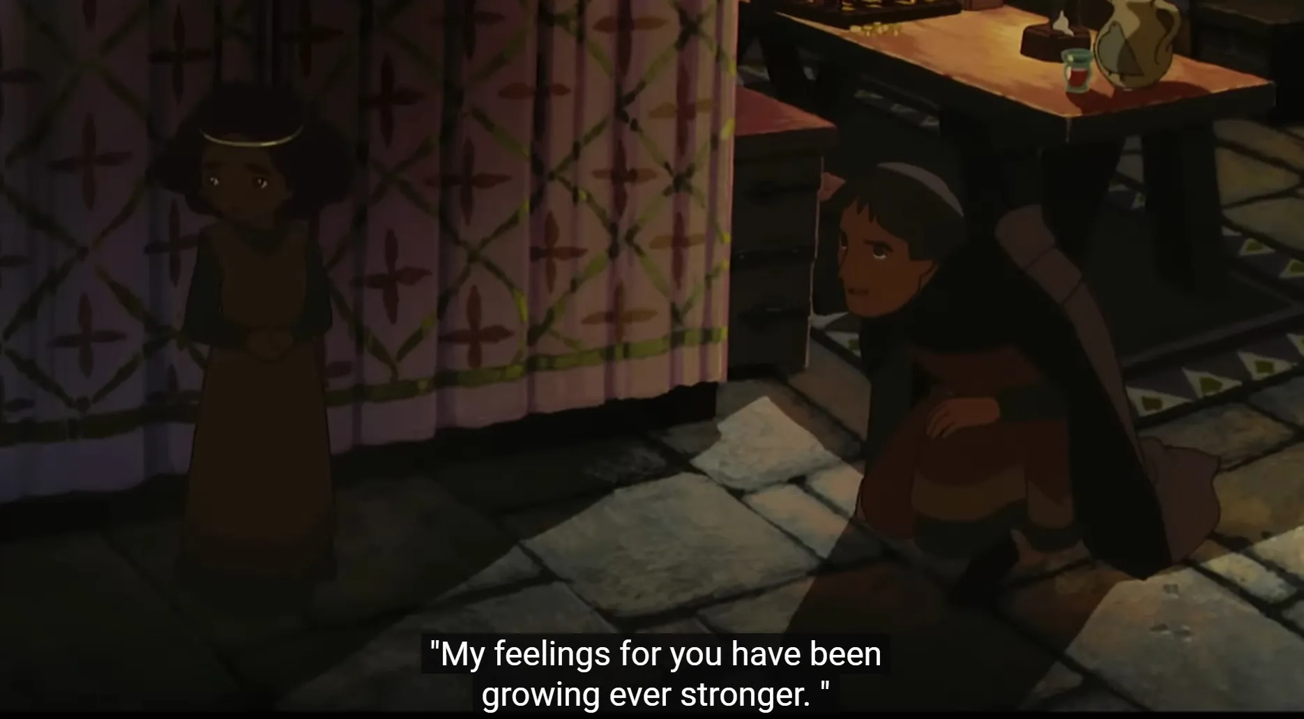 Captura de pantalla de la princesa Arete.  En la sombra, un pretendiente se arrodilla y mira a Arete.  El texto del subtítulo dice: Mis sentimientos por ti se han vuelto cada vez más fuertes.