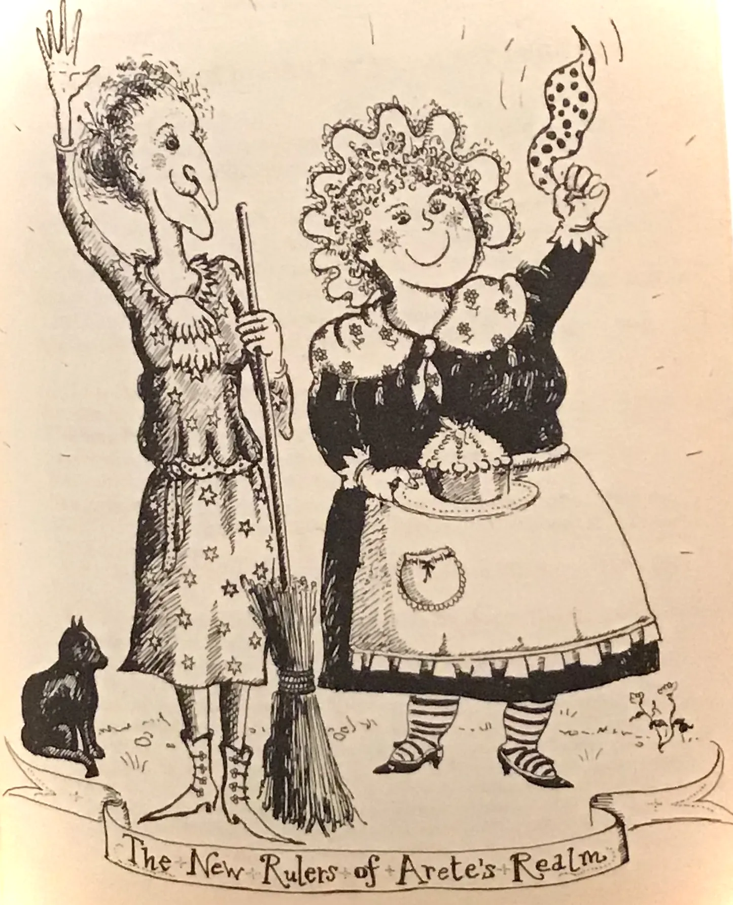 Ilustración de La princesa inteligente que muestra dos figuras amigables: una bruja alta y delgada y un cocinero corpulento y sonriente.  Debajo de ellos pasa una cinta con el texto Los nuevos gobernantes del reino de Arete.
