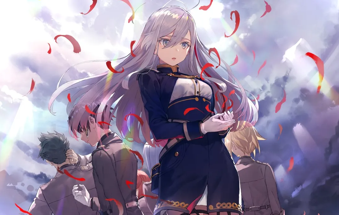 the heroine of 86 holding a red spider lily; its petals scatter to the wind