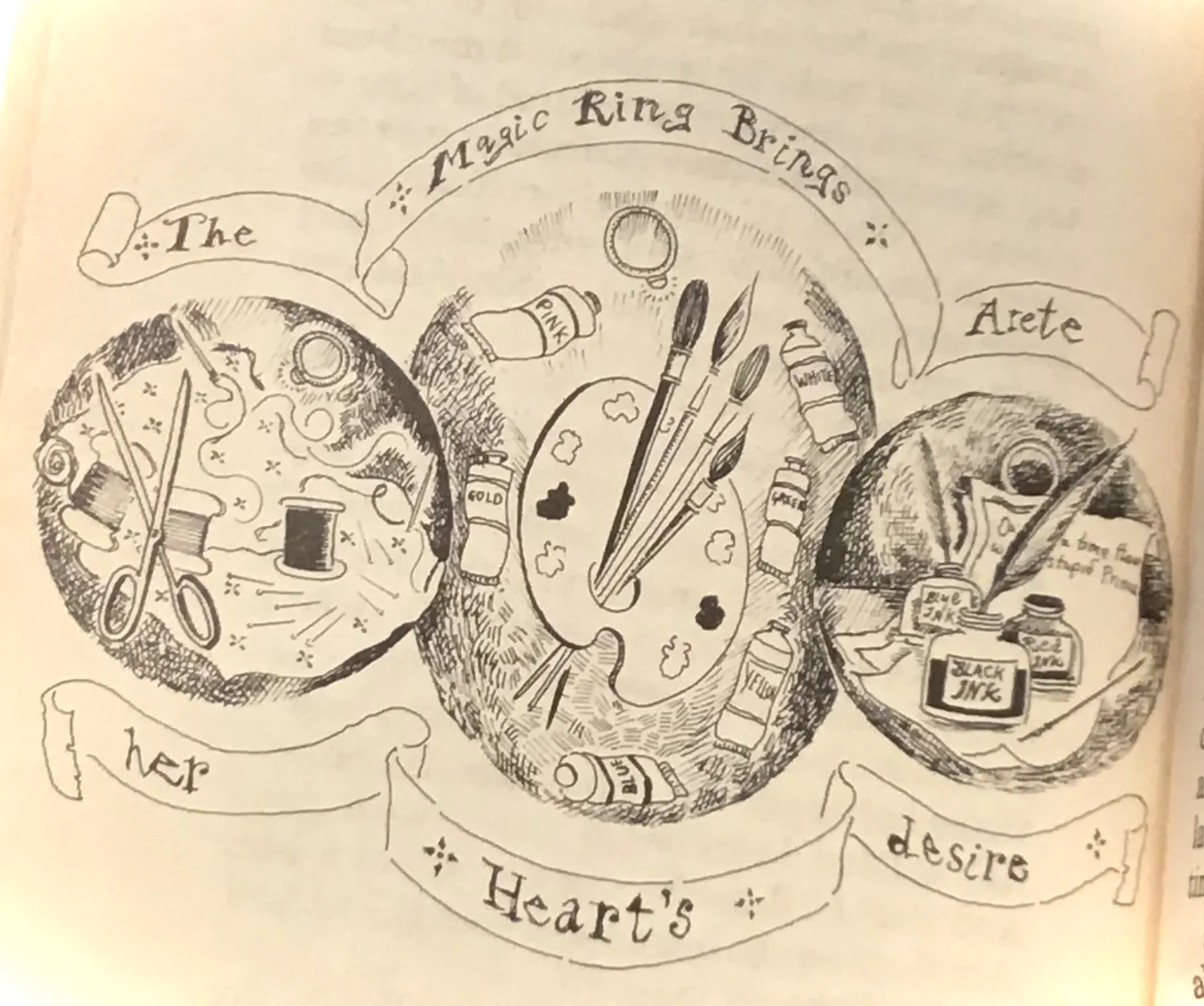 Ilustración de La princesa inteligente que muestra los tres regalos de Arete: útiles de costura, pinturas y un bolígrafo.