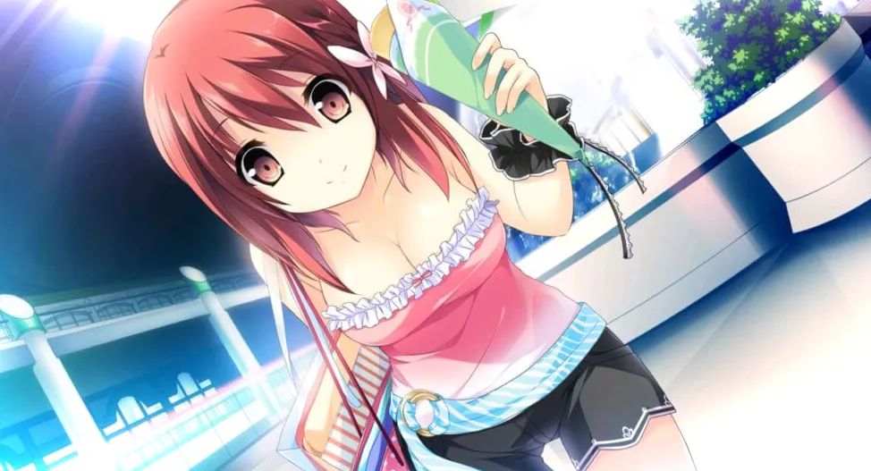 Ageha Himegi está ligeramente inclinada mientras sonríe y ofrece un bocadillo hacia la pantalla.