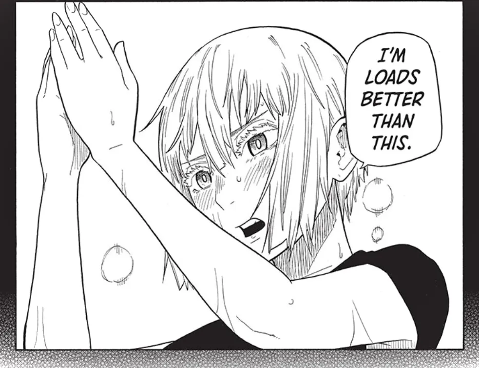 Panel de manga que muestra un primer plano de un Hikaru sudoroso y decidido.  El texto del bocadillo dice: Soy mucho mejor que esto.