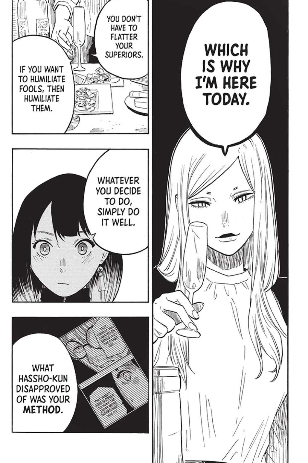 Página de manga que muestra un panel largo y alto del personaje mentor Urara bebiendo champán y hablando con Akane.  El texto del bocadillo dice: Por eso estoy aquí.