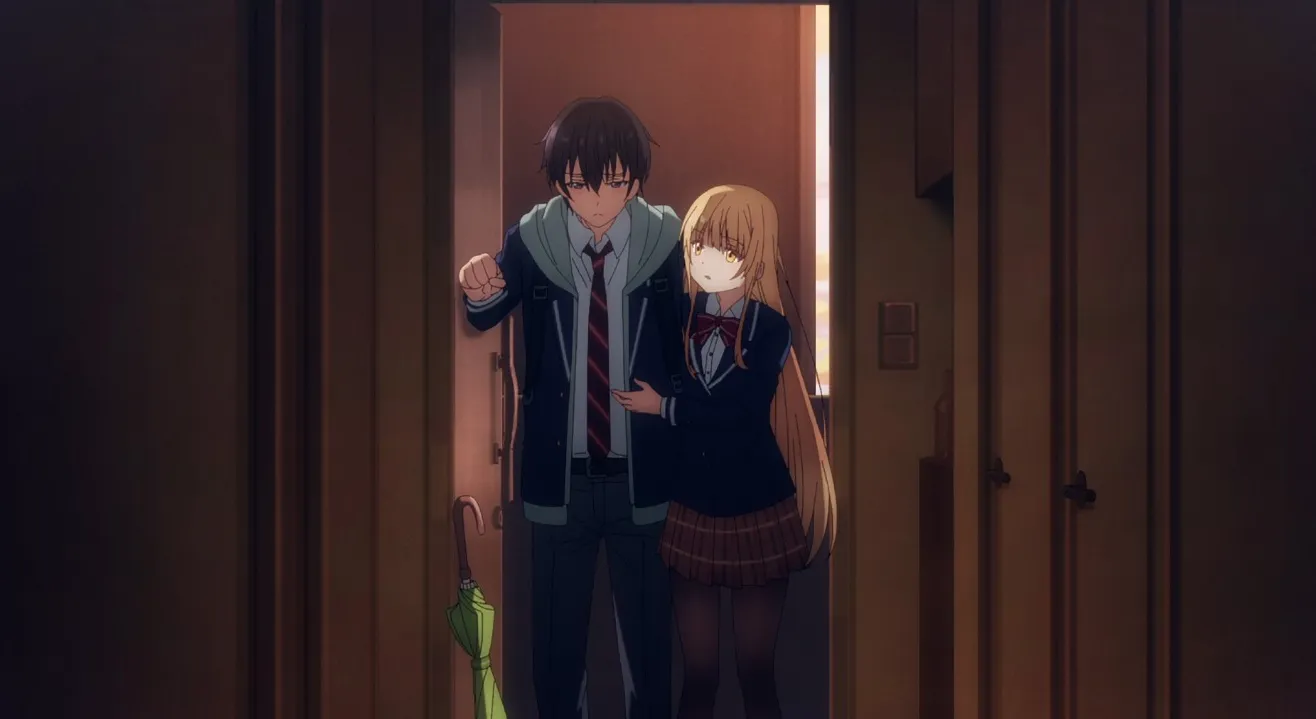 Mahiru ayuda a Amane a regresar a su apartamento.
