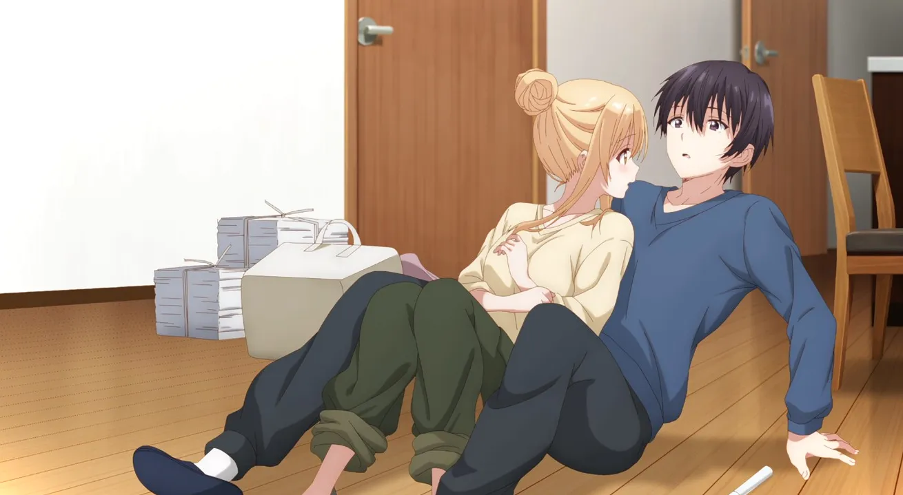 Mientras limpian, Mahiru y Amane se caen.