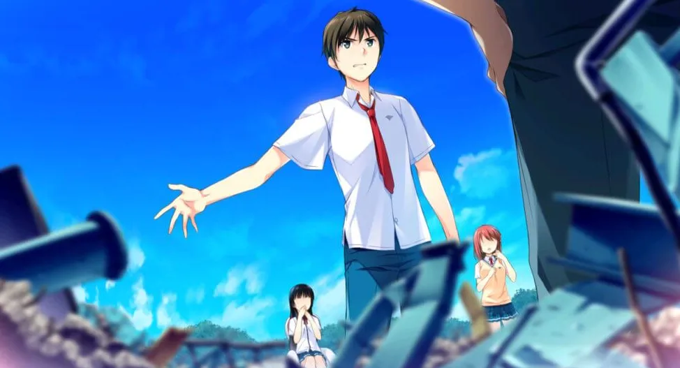 Aoi Minase hace un gesto enojado hacia un edificio destruido mientras habla con alguien fuera de la pantalla.  Kotori y Ageha parecen angustiados al fondo.