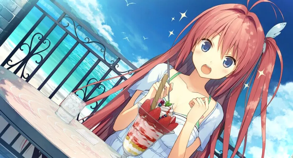 Aokana Asuka sentada en una mesa comiendo un parfait de fresa grande.  El océano está detrás de ella.