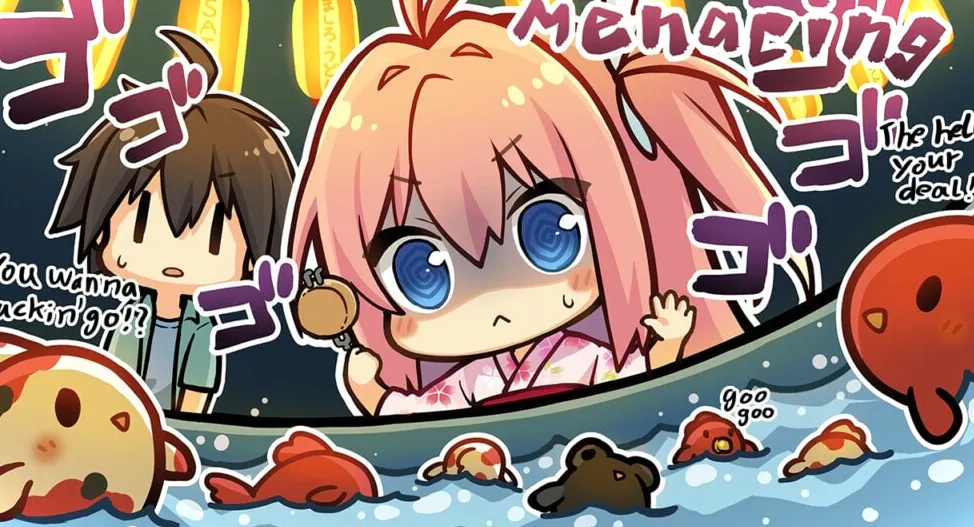 Aokana Masaya y Asuka en un puesto de pesca del festival.  Asuka está intentando pescar un pez.  Los peces tienen texto encima.  De izquierda a derecha, leen: ¿¡Quieres ir!?  goo goo ¿¡Qué demonios es tu trato!?