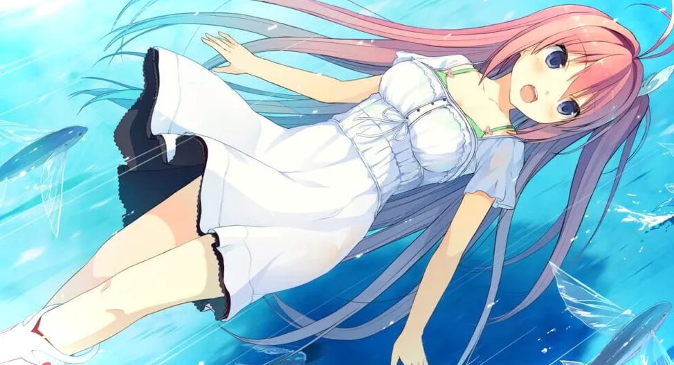 Aokana Asuka con un vestido blanco volando justo sobre el océano, de espaldas.  Los peces voladores la rodean.