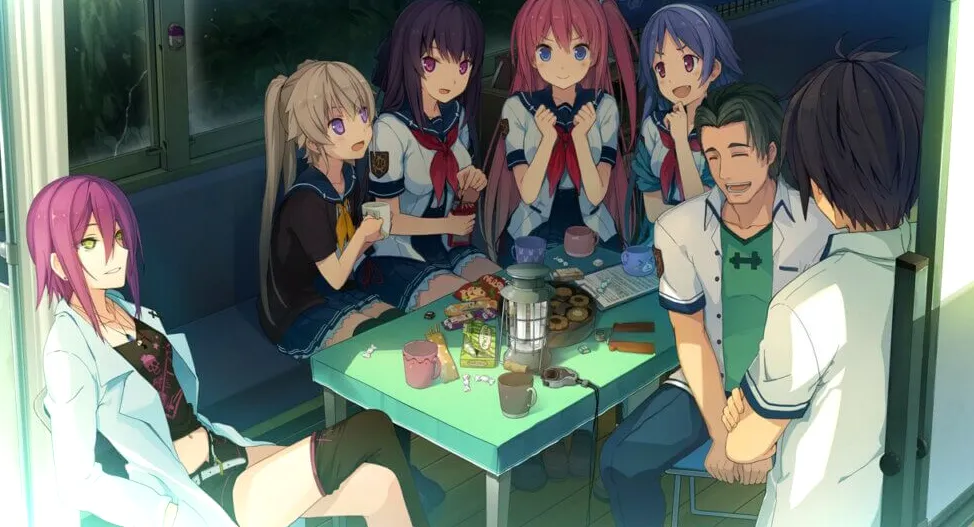 Reunión del club Aokana Flying Circus.  De izquierda a derecha: Aoi Kagami, Mashiro, Misaki, Asuka, Madoka, Shion y Masaya, que está de espaldas frente al jugador.
