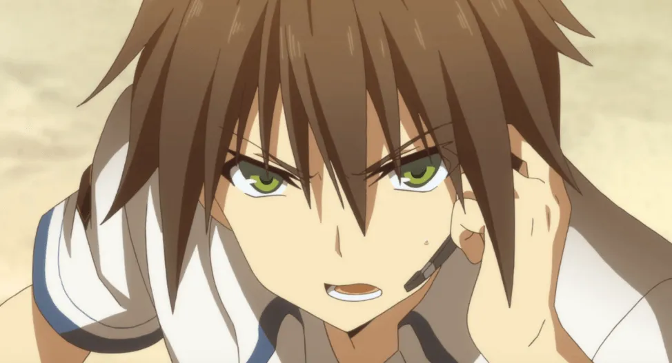Aokana Masaya en la playa hablando por un auricular.  La imagen es del anime en lugar del juego.