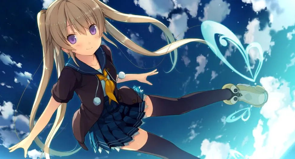 Aokana Mashiro vuela con su uniforme escolar.  La vista es desde debajo de ella y el cielo está detrás de ella.