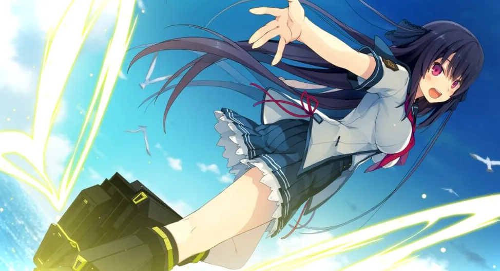 Aokana Misaki volando con su uniforme escolar.  Ella extiende su mano derecha detrás de ella hacia el jugador.