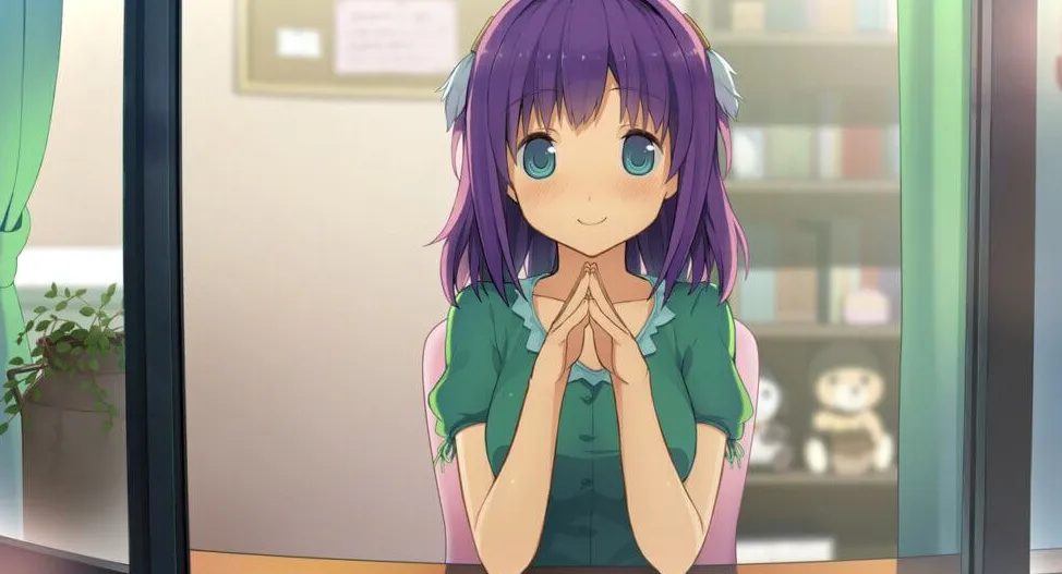 Aokana Rika sentada en su escritorio frente a su ventana.  Ella está apoyando los codos sobre el escritorio y sus manos juntas.