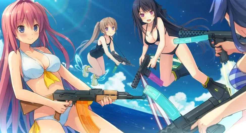Aokana, el club Flying Circus, está teniendo una pelea con pistolas de agua mientras vuela, pero las armas parecen reales.  De izquierda a derecha: Asuka, Mashiro, Misaki y Madoka, que está de espaldas al jugador.