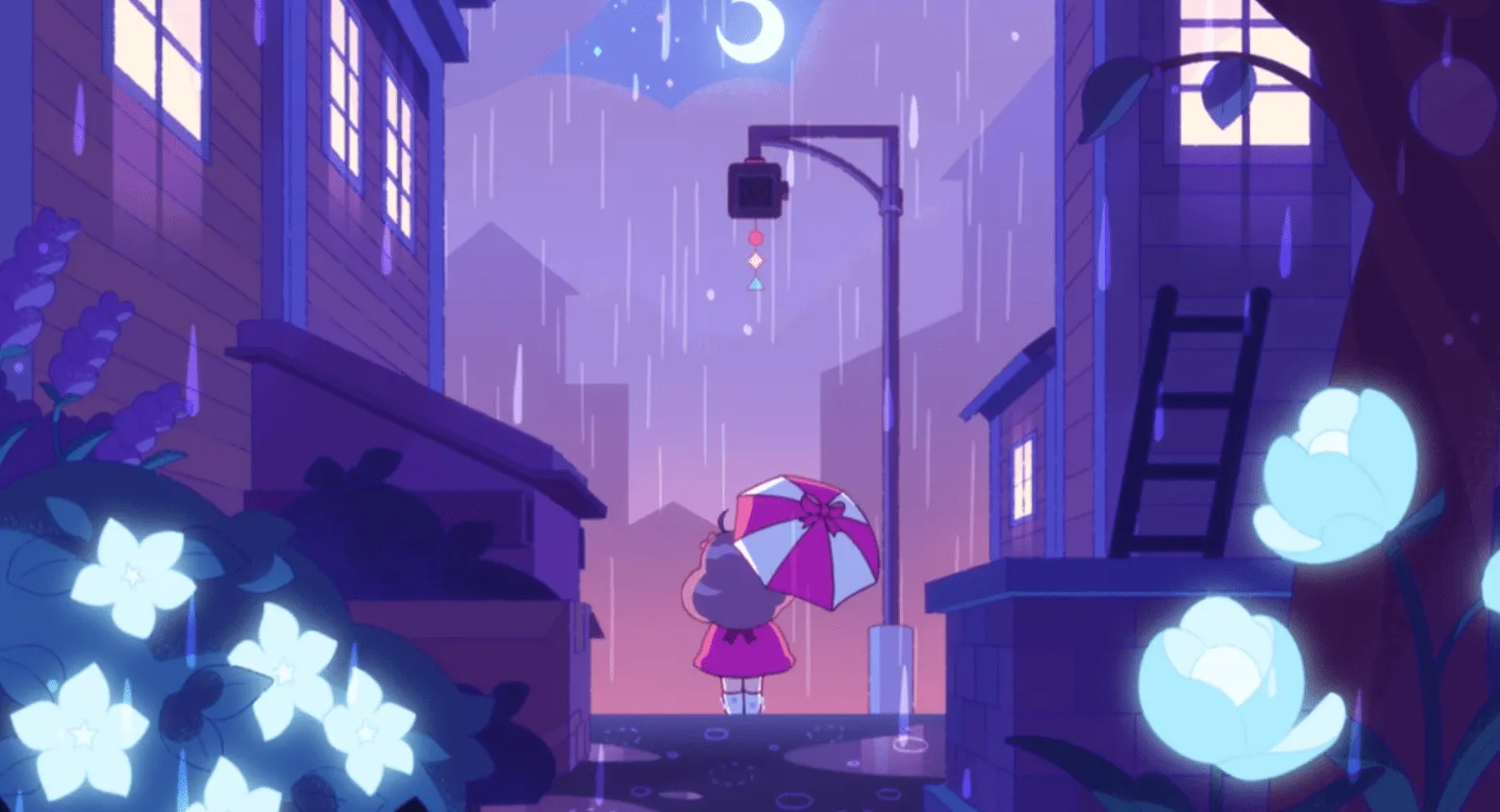 Bee está parada en un semáforo, de espaldas a la cámara, sosteniendo un paraguas y mirando la luna a través de un claro entre las nubes.  Edificios con ventanas tenuemente iluminadas y flores blancas brillantes la enmarcan.