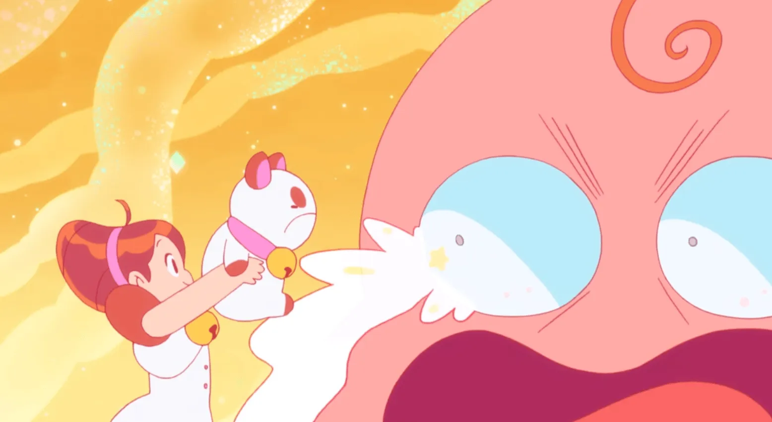 Bee sostiene a Puppycat frente a la cabeza de un bebé gigante.  La cabeza del bebé llora furiosamente.  PuppyCat también parece enojado.
