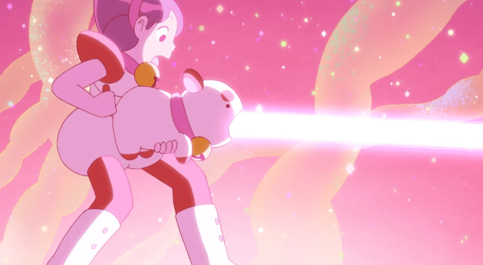 Bee holds PuppyCat as he shoots a laser beam from his mouth.