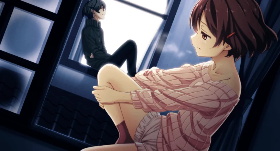 Nakizaki y Tomoe sentados en sus respectivas ventanas.