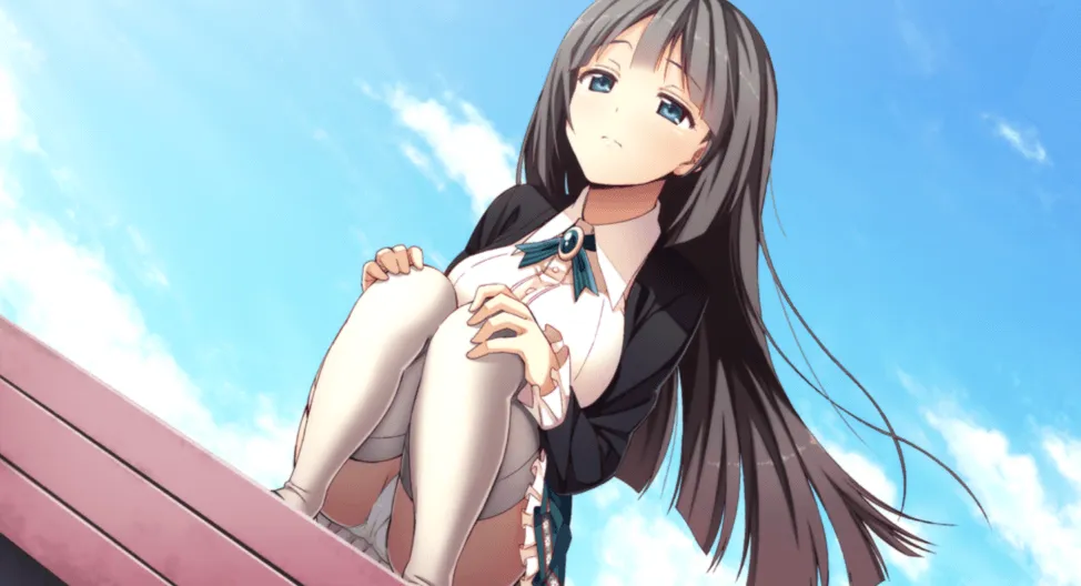 Yuri sentada en el techo de la escuela.