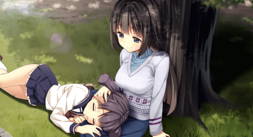 Yuri se sienta contra un árbol mientras su hermana pequeña, Momo, está recostada en su regazo.
