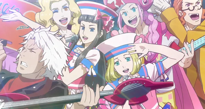 Una foto grupal del elenco de ClassicaLoid posando con instrumentos.  Dos chicas adolescentes vestidas con trajes de ídolos (Tchaiko y Bada) enmarcan el centro de la imagen repleta.