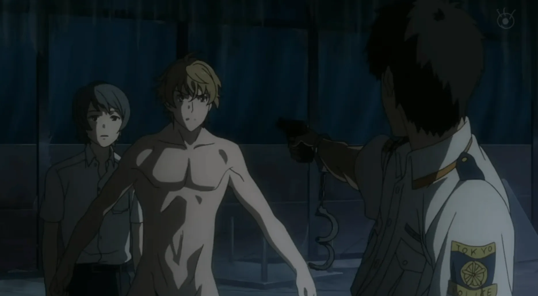Un Masayoshi desnudo se mueve frente a Haiji para protegerlo de un Goto enojado.