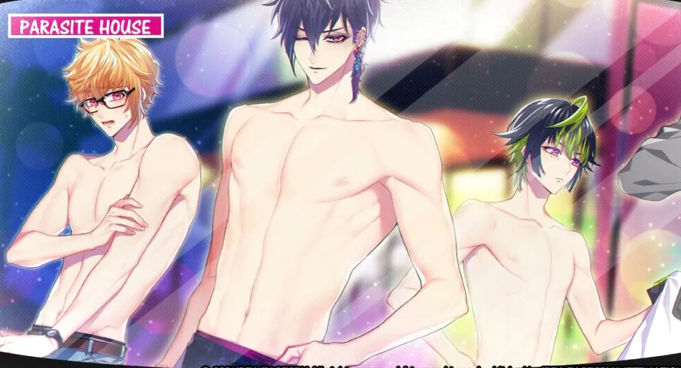 Tres de los Parasite 5 están sin camisa frente a una cámara de televisión.  De izquierda a derecha: Gill, Allan, Ryuki.