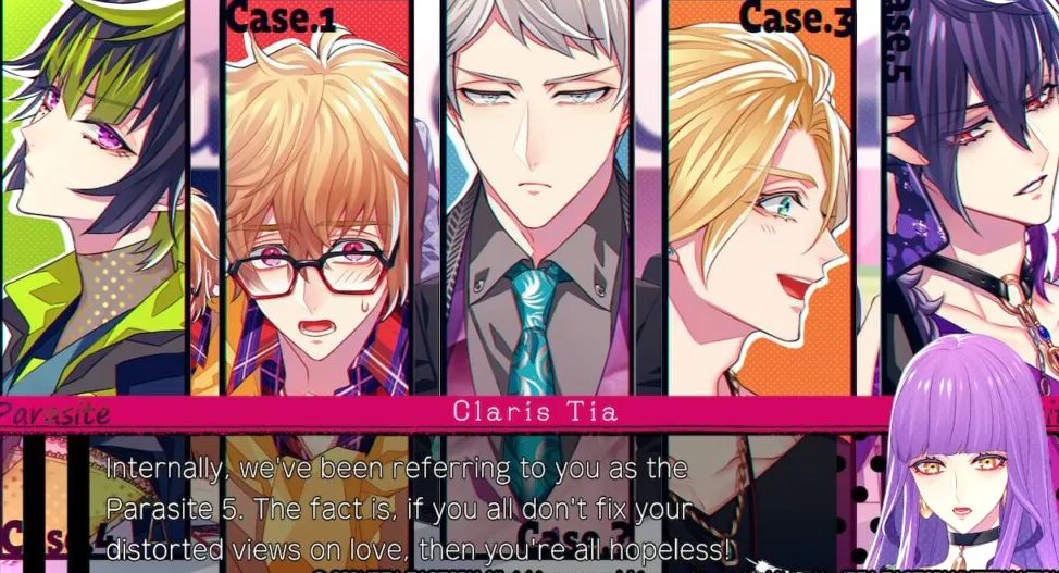 De izquierda a derecha: Ryuki, Gill, Shelby, Raul y Allan están uno al lado del otro.  Claris dice: Internamente, nos hemos estado refiriendo a ustedes como el Parásito 5. El hecho es que si no corrigen sus puntos de vista distorsionados sobre el amor, ¡entonces no tendrán remedio!.