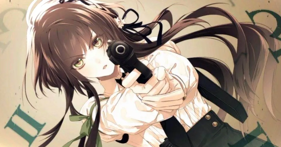 Ichika apuntando con un arma al espectador.