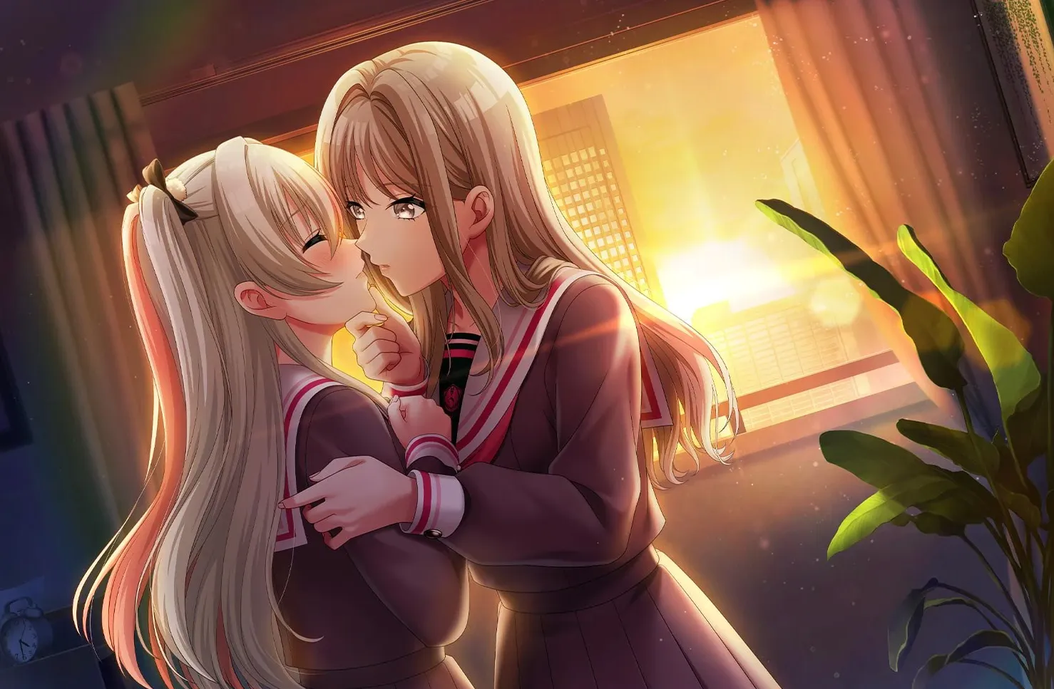 Arte completo de Hayate y Kokoa inclinados el uno hacia el otro, a punto de besarse.  Las luces del atardecer entran desde la ventana detrás de ellos, enmarcando la toma con una romántica luz dorada.