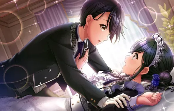 Aoi, vestido como mayordomo, inclinándose sobre Tsubaki, quien está vestida como una sirvienta francesa, los dos acaban de caer juntos al suelo.  Se ven sorprendidos y sonrojados.