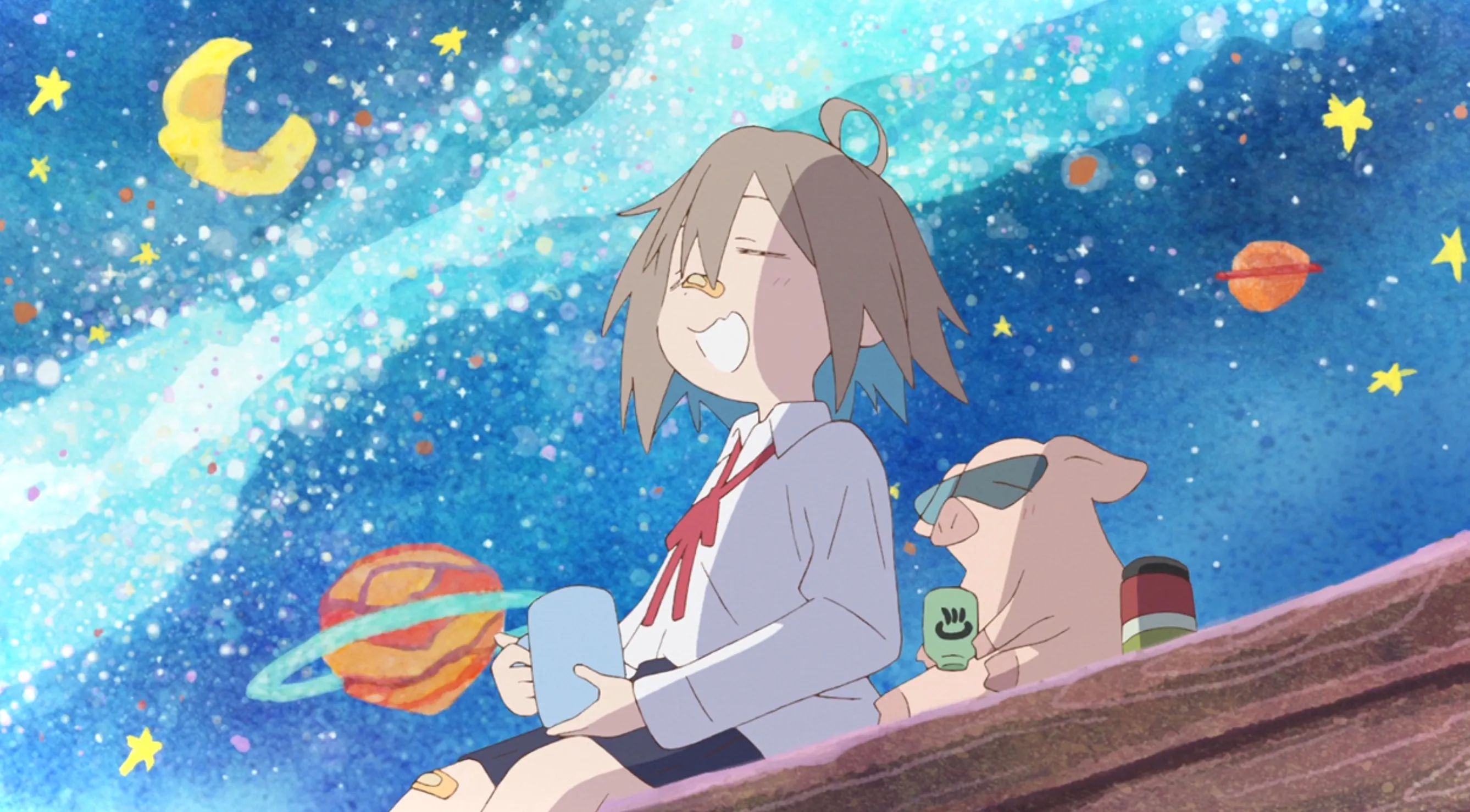 Una niña y un pequeño cerdo caricaturesco con gafas de sol sentados en un techo bebiendo chocolate caliente.  Detrás de ellos, el cielo está pintado con una acuarela azul brillante, salpicado de lunas y estrellas.