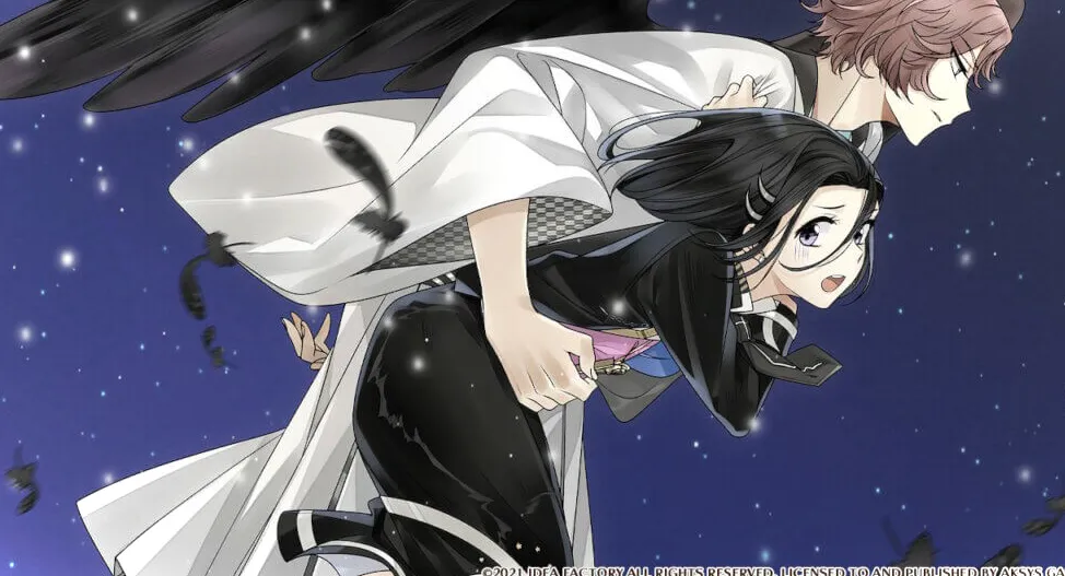 Takao ha cogido a Shino por la cintura y está volando.  Ella parece muy preocupada.
