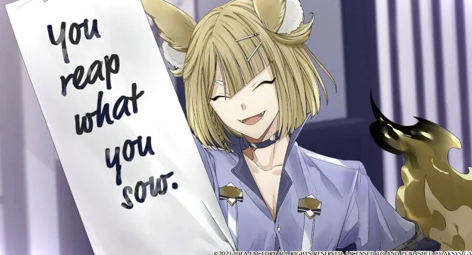 Shiratsuki mostrando su caligrafía.  El periódico dice: Se cosecha lo que se siembra.