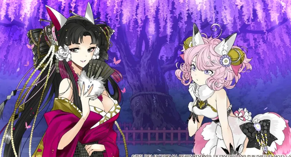 Tamamo (izquierda) y Kinka (derecha) están frente al árbol Fujizakura en Sakuratani hablando con Shino (fuera de pantalla).