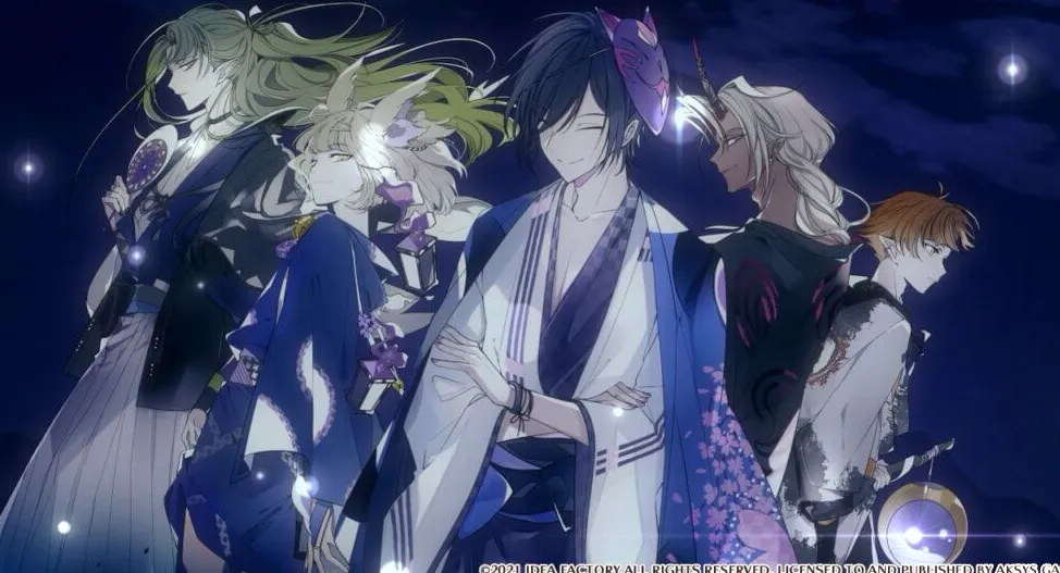 Una captura de pantalla de la película de apertura de Dairoku que muestra los intereses amorosos con atuendos festivos. De izquierda a derecha: Hira, Shiratsuki, Tokitsugu, Akuro, Shu.