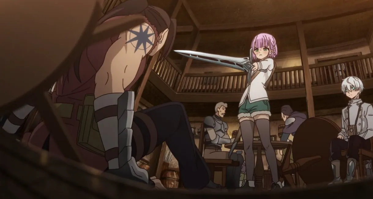 Leo apuntando con una espada a un hombre en el suelo.