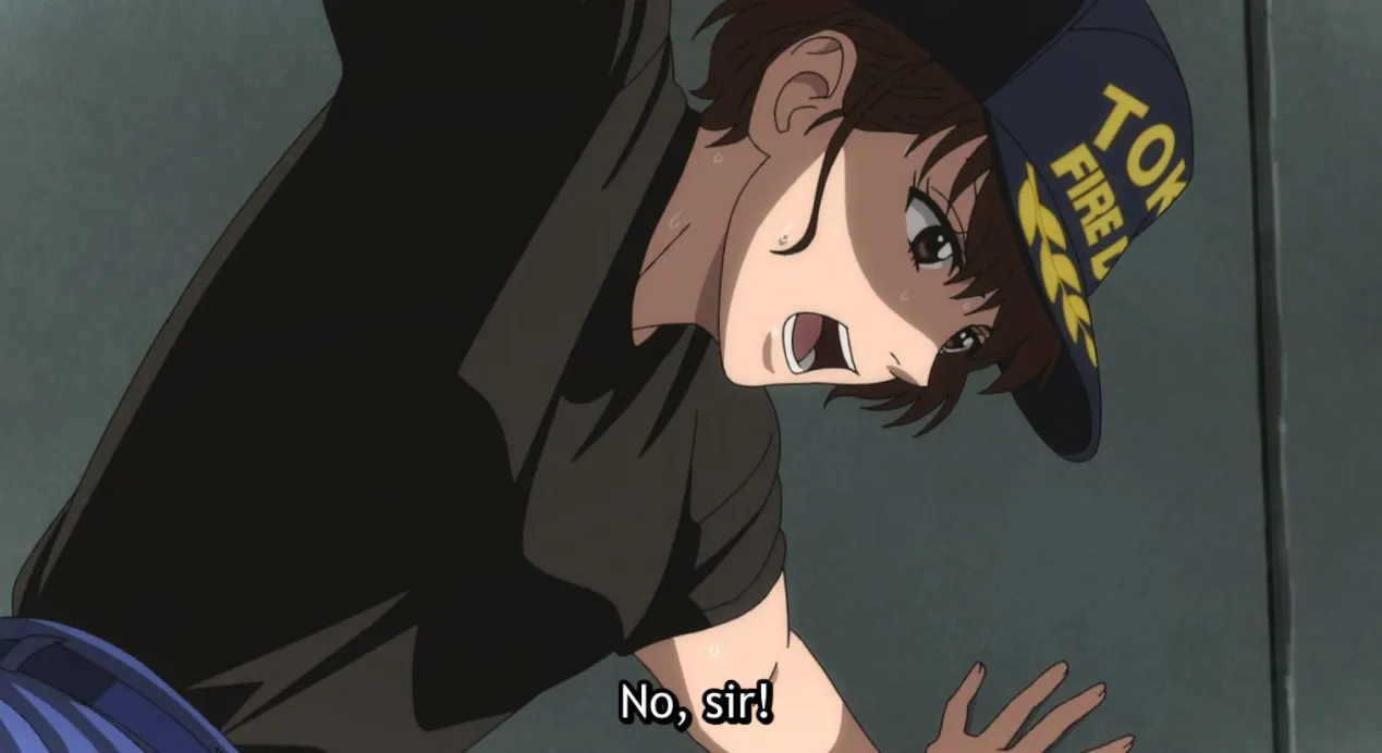 Yuki sosteniéndose entre dos paredes.  Subtítulos: ¡No, señor!