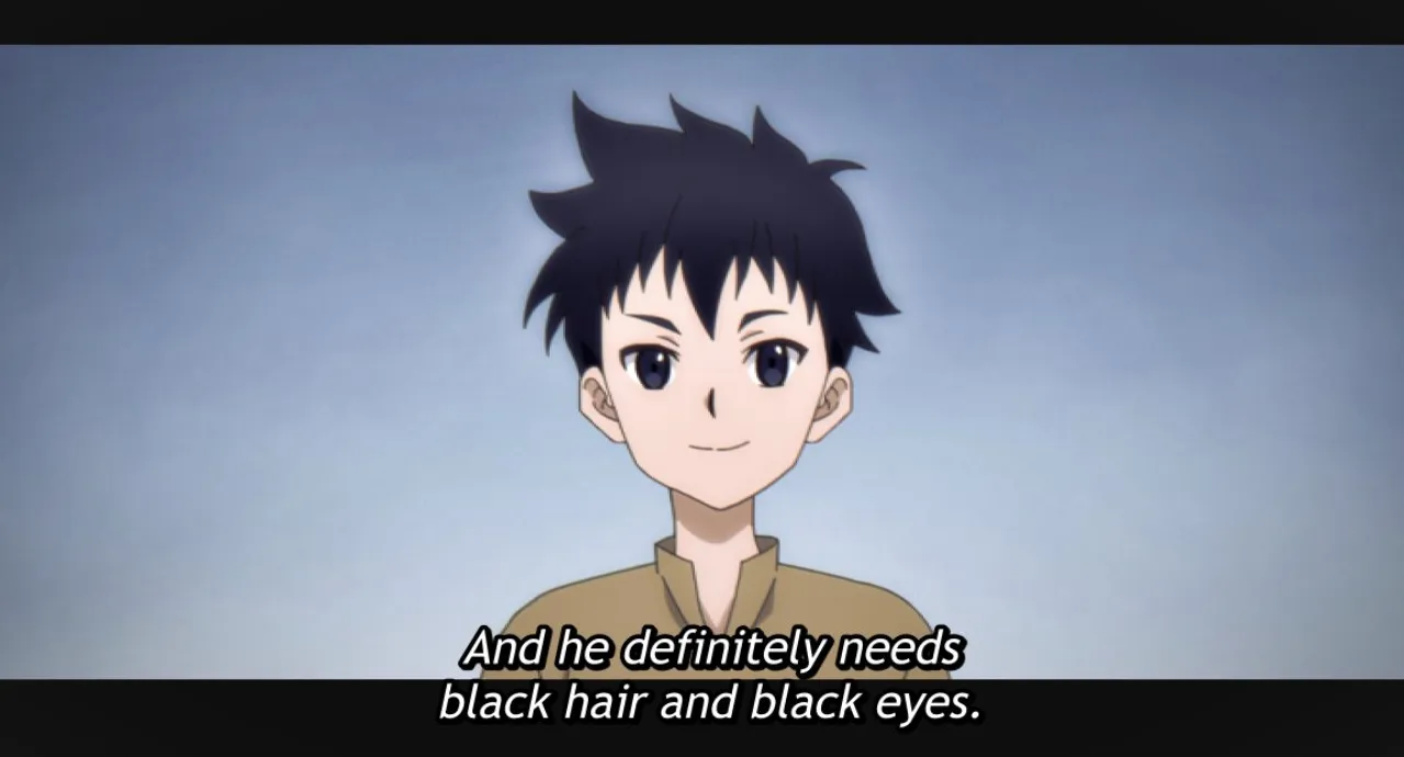 Pantalla de creación de personajes.  Texto: Y definitivamente necesita cabello negro y ojos negros.