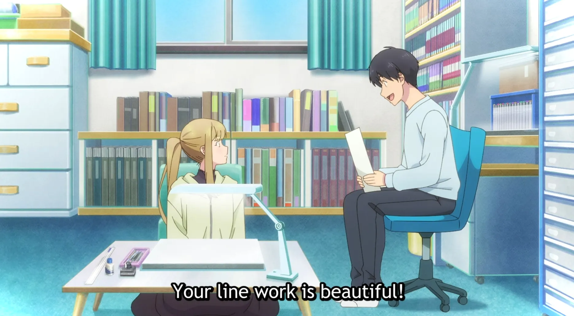 Ichiro le dice emocionado a Shiori: ¡Tu trabajo de línea es hermoso!