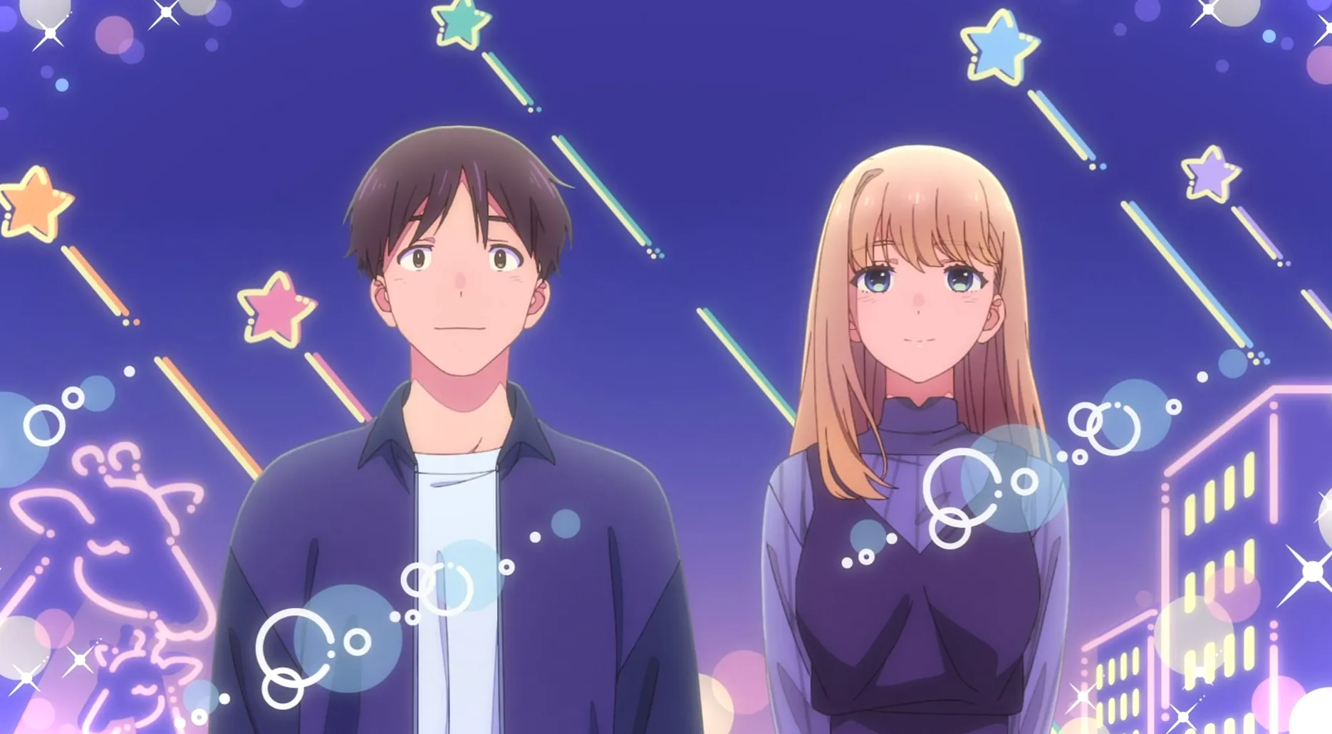 Ichiro y Shiori están uno al lado del otro en una calle color pastel por la noche, con estrellas color pastel disparando a su alrededor.